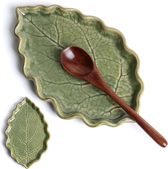 Ceramic Spoon Rest for Stove Top - Cute Green Leaf Shaped Spoon Rest/Spoon Holder for Kitchen Countertop - Cooking Kitchen Spoon Rest Utensil Rest Spatula Rest (Green) by Anoonse