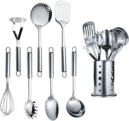 Berglander Cooking Utensil Set 8 Piece, Stainless Steel Kitchen Tool Set with Stand,Cooking Utensils, Slotted Tuner, Ladle, Skimmer, Serving Spoon, Pasta Server,Potato Maseher, Egg Whisk. （8 Pieces） by Berglander