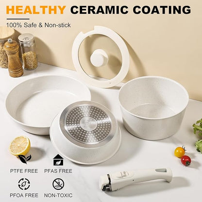 Pots and Pans Set Non Stick, Ceramic Cookware Set Nonstick Frying Pans 5 Pcs-Non Toxic PFAS/PFOA/PTFE Free, with Detachable Handle for RV Kitchen, Induction & Dishwasher Safe Cream White - Image 3