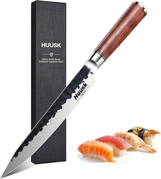 Huusk Japanese Slicing Knife 8 Inch Sushi Knife, Hand Forged Sashimi Knives with Ergonomic Handle for Carving Turkey Cutting Meats, Vegetables, and Fruits, Gifts Idea for Men and Women