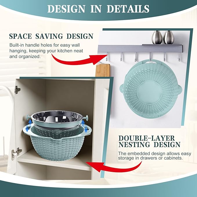 4-1 Colander with Bowl Set - Strainers for Kitchen(Patented), Food Strainers and Colanders, Pasta Strainer with New Upgraded Graters for Fruit, Veggie Washing, Aesthetic Cooking Present - Blue - Image 7