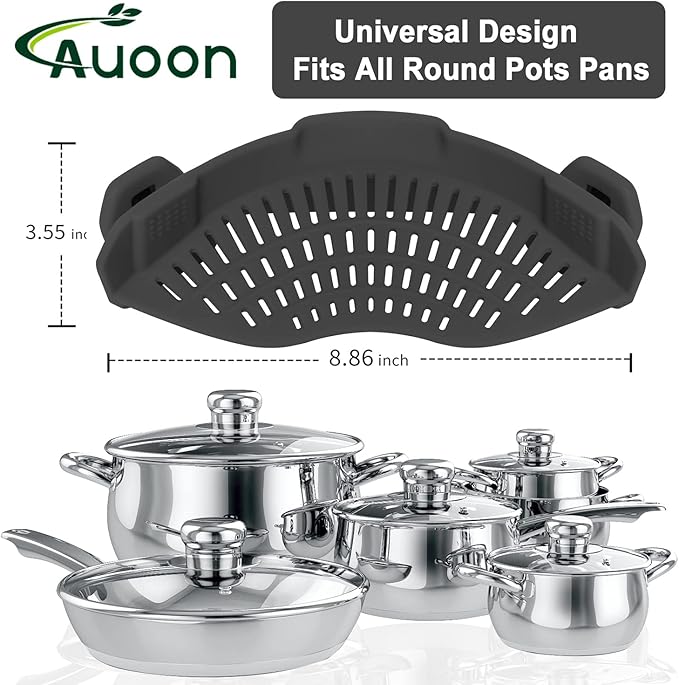 AUOON Clip On Strainer Silicone for All Pots and Pans, Pasta Strainer Clip on Food Strainer for Meat Vegetables Fruit Silicone Kitchen Colander (Gray) - Image 2