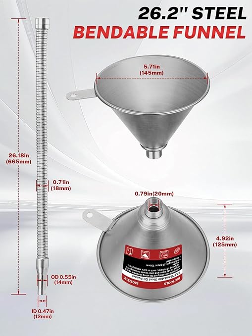 BILITOOLS 26.2" Steel Flexible Oil Funnel with Filter for Automotive Use, Metal Bendable Spout Funnel for Oil Fluids Change, Long Funnels for Transmission Fluid - Image 3
