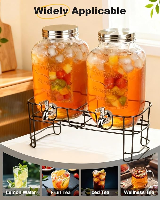 1 Gallon Drink Dispenser 2 Pack with Stand - Glass Beverage Dispenser for Parties, Juice, Water - Includes Spigot and Filter Separation and Chalkboard Labels