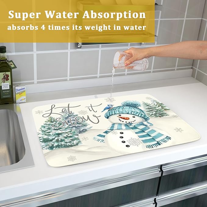 Giwawa Blue Snowman Dish Drying Mat Xmas Trees Bird Winter Snowy Scene Dish Drainer Mats 18"x24" Microfiber Reversible Dish Drying Rack Pad Protector for Kitchen Countertop Decor