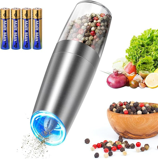 CIRCLE JOY Stainless Steel Graviry Electric Pepper Grinder Automatic Salt Grinder Pepper Griner Mill Electric, Battery Operated, LED Light, Adjustable Coarseness, for Home Kitchen BBQ, Silver by CIRCLEJOY