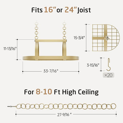 KES Gold 34 Inch Hanging Pot Rack, 100 LBS Capacity Heavy Duty Oval Pot and Pan Hanging Rack Ceiling Mount, Pot Pan Hangers Organizer for Kitchen Island with 20 Hooks (For 16" and 24" Joist) - Image 9