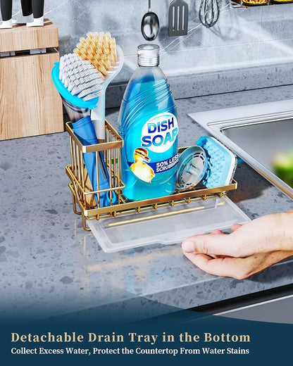 Consumest Sink Caddy, Kitchen Sponge Holder with Dish Brush Holder, Kitchen Sink Organizer with Drip Tray for Countertop, Stainless Steel Rustproof - Gold - Image 3