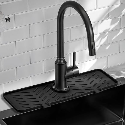 Silicone Faucet Mat for Kitchen Sink – Gen 2 Splash Guard with Upgraded Outlet & Slope – 18” x 5.1” Water Catcher & Sink Sponge Holder for Kitchen and Bathroom (Black)