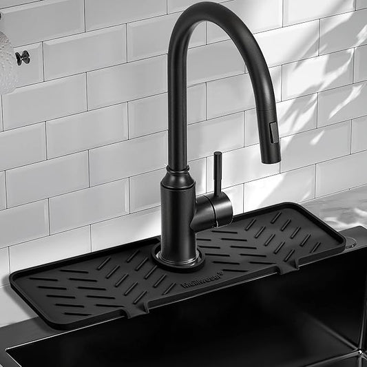 Silicone Faucet Mat for Kitchen Sink – Gen 2 Splash Guard with Upgraded Outlet & Slope – 18” x 5.1” Water Catcher & Sink Sponge Holder for Kitchen and Bathroom (Black)