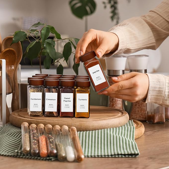 16 Pcs Spice Jars, 4oz Seasoning Containers with Acacia Wood Shaker Lids, Glass Spice Bottles with Labels, Square Seasoning Organizer, Kitchen Spice Container - Image 7