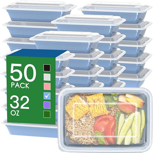50 Pack (100-Piece) 32 oz Meal Prep Containers Reusable with Easy Open Lids, Sturdy Leakproof Food Safe, Microwave Freezer Dishwasher Safe, To Go Take Out Plastic Food Storage Pans with Lids, Blue by Dealusy