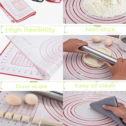 Rolling Pin with Adjustable Thickness Rings and Silicone Baking Pastry Mat Set for Baking,Stainless Steel Dough Roller,Baking Supplies for Cookie Fondant Pizza Cake Pasta(Red) - Image 5