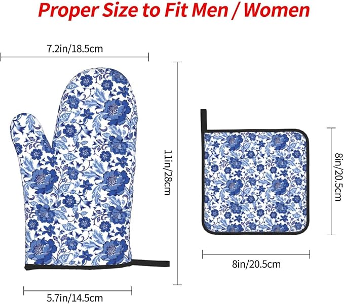 Navy Blue Floral Oven Mitts and Pot Holders Sets, Blue Chinoiserie Kitchen Mitts,Heat Resistant Oven Gloves Potholders for BBQ Baking Cooking Gifts for Baker Women & Housewarming Gifts for Hostress