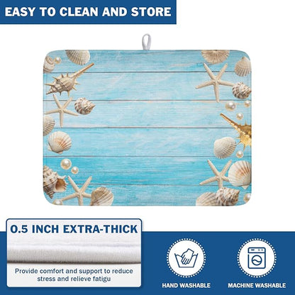 Summer Coastal Dish Drying Mat for Kitchen Counter Seashell Starfish Blue Wooden Board Microfiber Dish Drainer Mat Ocean Nautical Absorbent Washable Drying Pad Extra Large 18"x24"