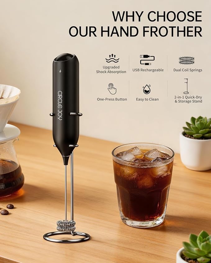CIRCLE JOY Electric Rechargeable Milk Frother Handheld with Stand, Electric Whisk Milk Frother Wand with Dual Spring Whisk, Portable Drink Mixer for Coffee Cappuccino Latte Matcha, Black