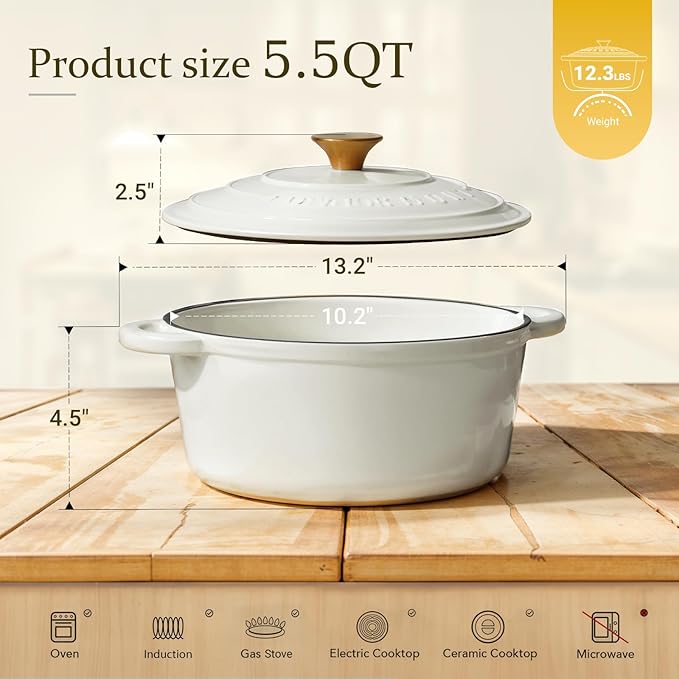 Overmont Enameled Cast Iron Dutch Oven - 5.5QT Pot with Lid Cookbook & Cotton Potholders - Heavy-Duty Cookware for Braising, Stews, Roasting, Sourdough Baking Pearl White - Image 6