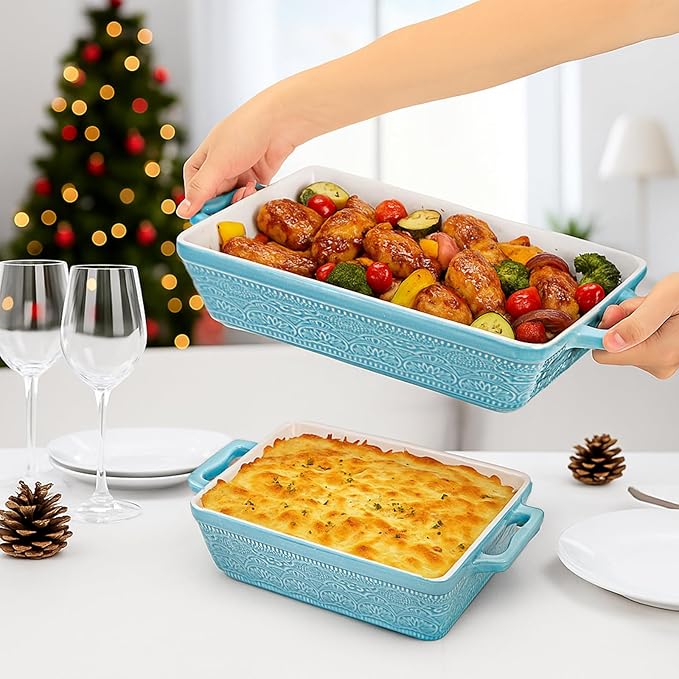 Hacaroa Set of 3 Ceramic Baking Dishes, Rectangular Bakeware with Handles, Elegant Casserole Dish Set Lasagna Pan for Baking, Cooking, Cake Dinner, Banquet, Lake Blue, 3 Sizes - Image 6