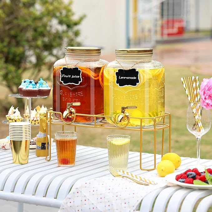 1.6 gallon Glass Beverage Dispenser with Stand, 2PACK Lemonade Dispenser with Spigot Stainless Steel, Drink Dispensers for Parties,Picnic,Weddings(Golden) - Image 6