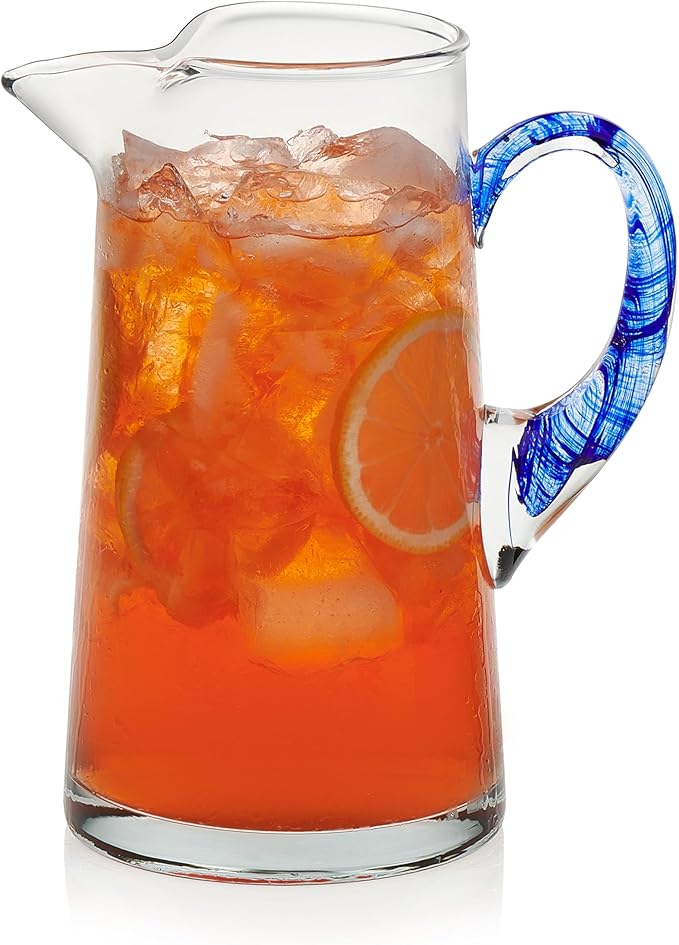 Libbey Cabos Large Glass Pitcher, 90 Oz Handcrafted Glass Water Pitcher with Spout and Blue Handle, Artisan-Inspired Water Carafe for Tables, Kitchen by Libbey