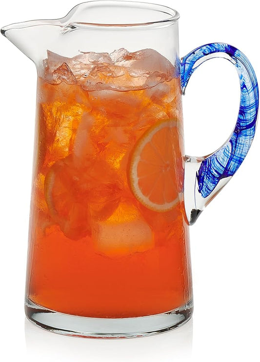 Libbey Cabos Large Glass Pitcher, 90 Oz Handcrafted Glass Water Pitcher with Spout and Blue Handle, Artisan-Inspired Water Carafe for Tables, Kitchen by Libbey