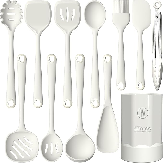 oannao Silicone Kitchen Utensils Set, 600°F Heat Resistant Silicone Cooking Utensils, Spatula, Spoon, Whisk, Tongs, Kitchen Gadgets for Nonstick Cookware, Dishwasher Safe BPA Free (Cream White) by oannao