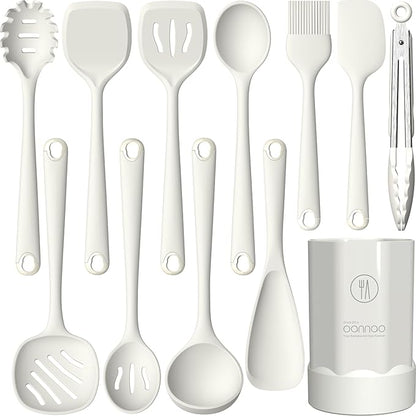 oannao Silicone Kitchen Utensils Set, 600°F Heat Resistant Silicone Cooking Utensils, Spatula, Spoon, Whisk, Tongs, Kitchen Gadgets for Nonstick Cookware, Dishwasher Safe BPA Free (Cream White) by oannao