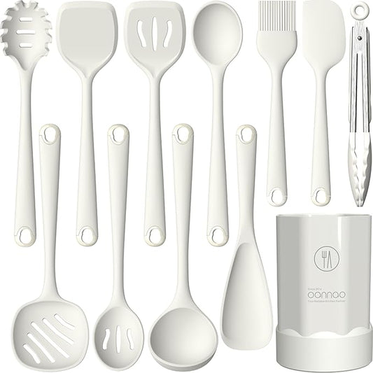 oannao Silicone Kitchen Utensils Set, 600°F Heat Resistant Silicone Cooking Utensils, Spatula, Spoon, Whisk, Tongs, Kitchen Gadgets for Nonstick Cookware, Dishwasher Safe BPA Free (Cream White) by oannao