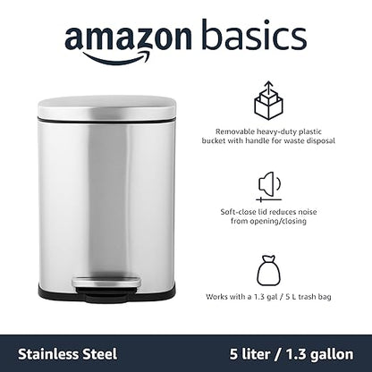 Amazon Basics Smudge Resistant Mini Rectangular Trash Can with Soft-Close Lid, Foot Pedal, Removable Inner Bucket, 5L/1.32 Gal, Brushed Stainless Steel, for Bathroom & Small Space, Satin Nickel Finish - Image 5