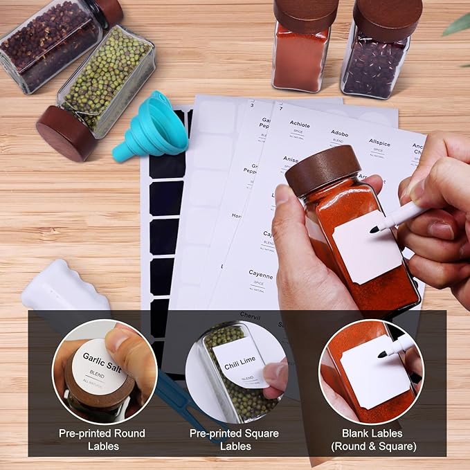 24 Pcs Spice Jars, 4oz Seasoning Containers with Acacia Wood Shaker Lids, Glass Spice Bottles with Labels, Square Seasoning Organizer, Kitchen Spice Container - Image 4