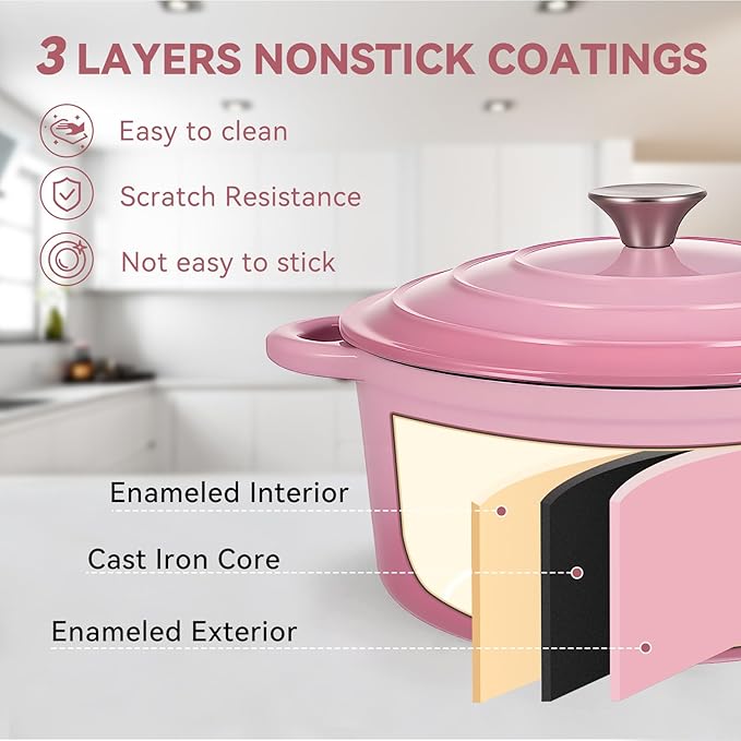 Miereirl 6 Quart Enameled Dutch Oven Pot with Lid, Cast Iron Dutch Oven with Dual Handles for Bread Baking, Cooking, Non-stick Enamel Coated Cookware, Pink - Image 4