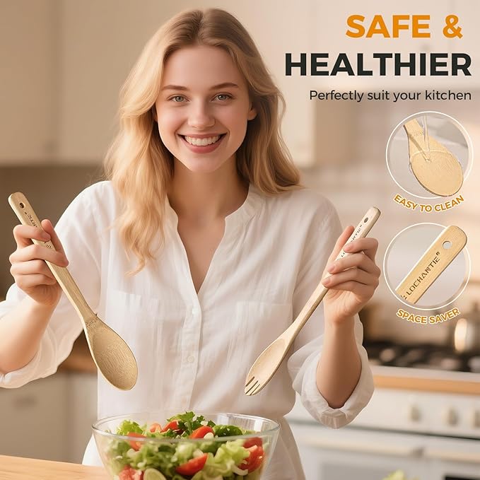 Wooden Spoons for Cooking Bamboo Utensils Set (6 Pieces) - Essential Tools Wooden Spoons & Spatula for Everyday Stirring, Mixing, Flipping & Serving, Gentle on Nonstick Cookware - Image 7