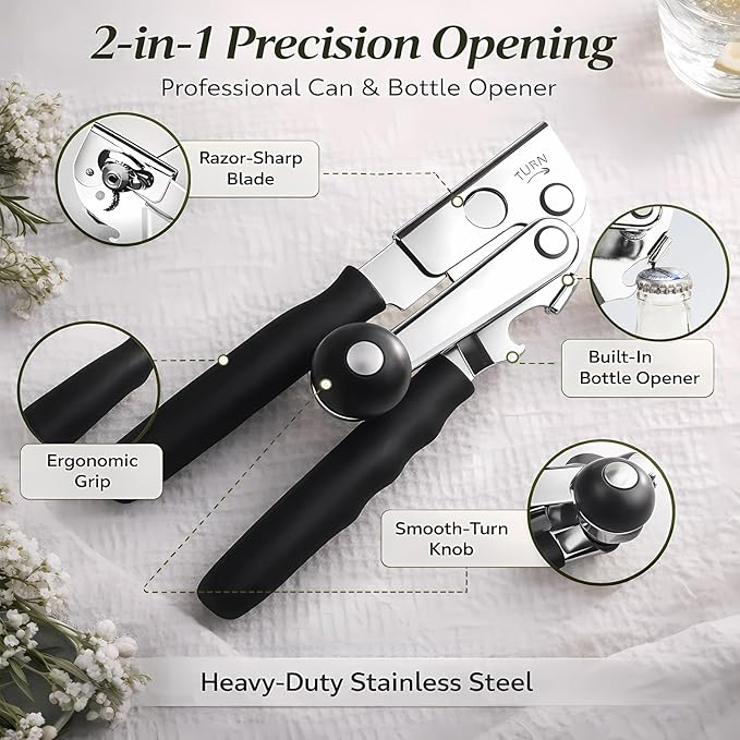 Commercial Can Opener, Heavy Duty Manual Can Opener for Large Cans, Hand Crank Can Opener with Magnetic Lid Lifter, Stainless Steel with Bottle Opener - Image 2