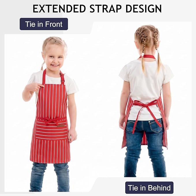 2 Pack Stripes Kids Apron, Kids Cooking Aprons with 2 Pockets, Cute Aprons for Cooking for Boys and Girls