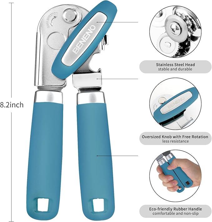 Beneno Heavy Duty Hand Can Opener Manual with Magnet, Durable Sharp Carbon Steel Blade Smooth Cutting, Big Effort-Saving Knob & Soft Grip Handle, Multifunctional Kitchen Tool with Bottle Opener, Aqua - Image 2