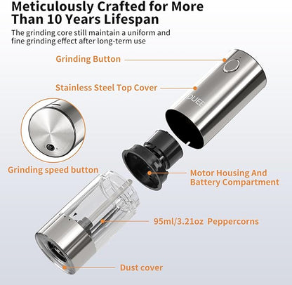Electric Salt and Pepper Grinder Set,USB Rechargeable Pepper Mill with 6 Coarseness Settings, Automatic One-Touch Operation, Large Capacity Stainless Steel Spice Mills for Kitchen (2 Pack, Silver)