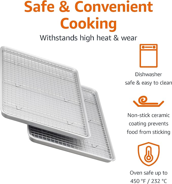 Amazon Basics Ceramic Nonstick Baking Sheets & Cooling Rack Set, Dishwasher Safe, Oven Safe, Half Sheet Size, Gray, 2-Pack - Image 2