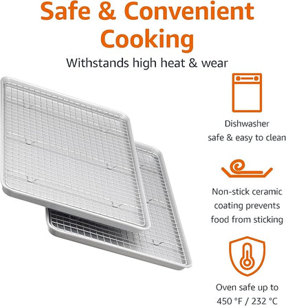 Amazon Basics Ceramic Nonstick Baking Sheets & Cooling Rack Set, Dishwasher Safe, Oven Safe, Half Sheet Size, Gray, 2-Pack - Image 2