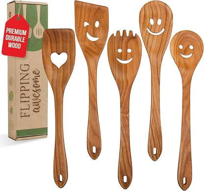 MFC 5-Piece Wooden Cooking Spoons - Kitchen Set from Natural Cherry Wood - Wooden Spoons for Cooking - Funny Utensil Set with Smiley Faces - Cooking Multipurpose Wood Utensils by MyFancyCraft