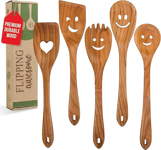 MFC 5-Piece Wooden Cooking Spoons - Kitchen Set from Natural Cherry Wood - Wooden Spoons for Cooking - Funny Utensil Set with Smiley Faces - Cooking Multipurpose Wood Utensils by MyFancyCraft
