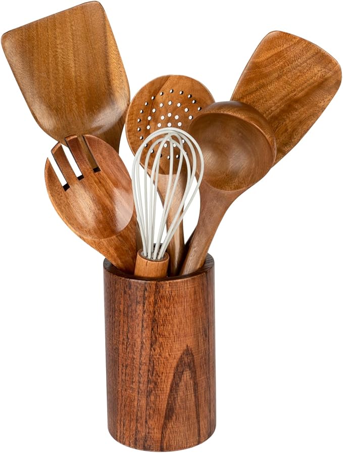 Wooden Utensils for Cooking, 7pcs Natural Acacia Wood kitchen utensils set with Holder For Cooking Utensil set Wooden Spoons Spurtle Spatula For Cooing Non-Stick Pan - Image 9