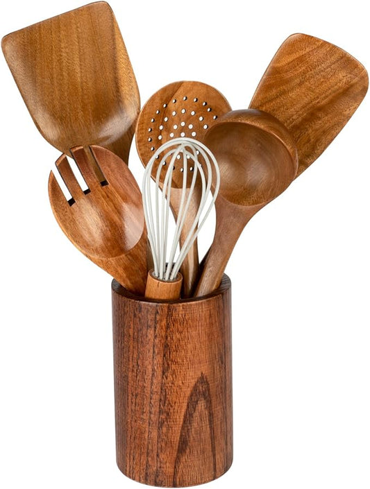 Wooden Utensils for Cooking, 7pcs Natural Acacia Wood kitchen utensils set with Holder For Cooking Utensil set Wooden Spoons Spurtle Spatula For Cooing Non-Stick Pan by TEZZ