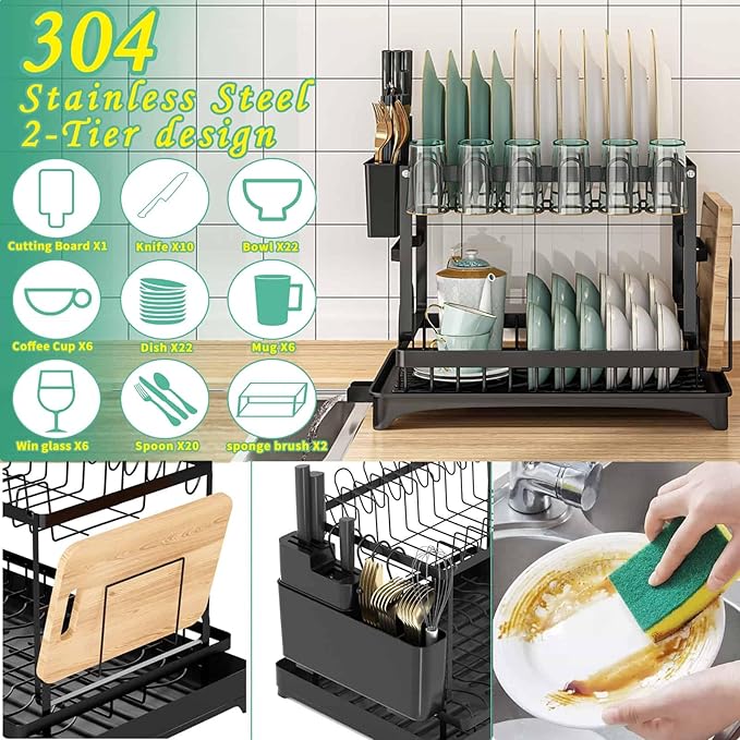 XLMYS Dish Drying Rack, 2 Tier Large Dish Drying Rack for Kitchen Counter with Drainboard Stainless Steel Dish Drainer for Dish/Knifes/Cup/Cutting Board, Black - Image 5