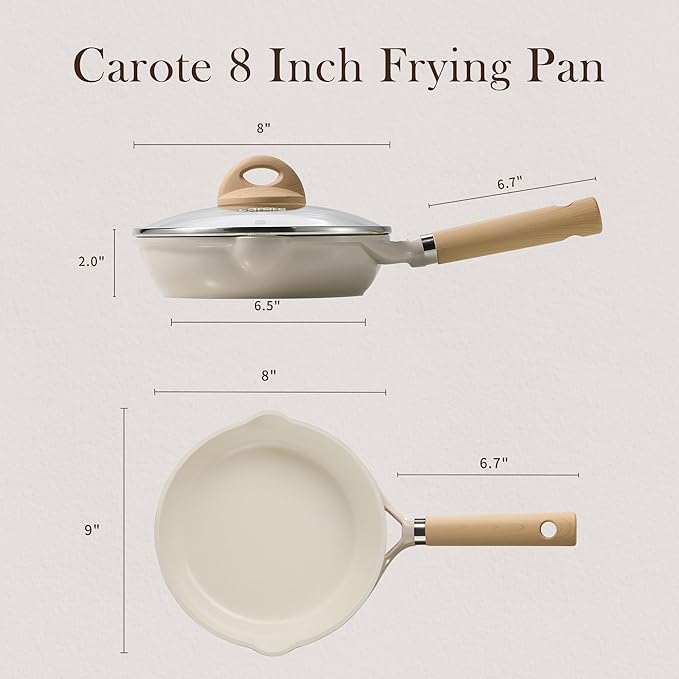 CAROTE 8" Ceramic Frying Pan with Lid, Non Stick Frying Pan Skillet Chef's Pan, Healthy & PFOA/PFAS Free, Induction-Compatible, Taupe - Image 2
