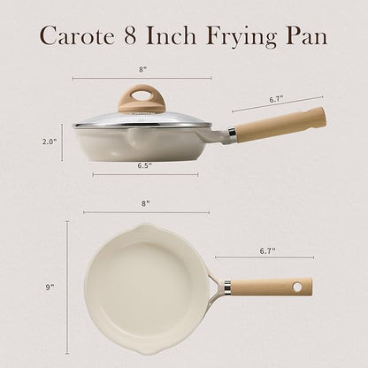 CAROTE 8" Ceramic Frying Pan with Lid, Non Stick Frying Pan Skillet Chef's Pan, Healthy & PFOA/PFAS Free, Induction-Compatible, Taupe - Image 2