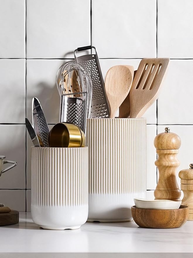 LE TAUCI Utensil Holder for Kitchen Counter, 7.3"+5.4" Fluted Ceramic Utensil Crock Organizer for Countertop, Heavy Large Holder for Spatulas, Spoons, Set of 2, Warm White Glaze - Image 3