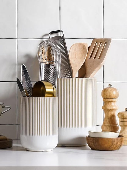 LE TAUCI Utensil Holder for Kitchen Counter, 7.3"+5.4" Fluted Ceramic Utensil Crock Organizer for Countertop, Heavy Large Holder for Spatulas, Spoons, Set of 2, Warm White Glaze - Image 3