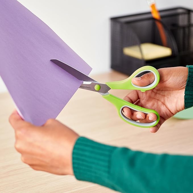 Amazon Basics Multipurpose Stainless Steel Scissors for Office, Crafts, Paper Cutting, Fabric Cutting, Right/Left Handed, Comfort Grip, PVD Coated, 2-Pack, Green and Grey - Image 7