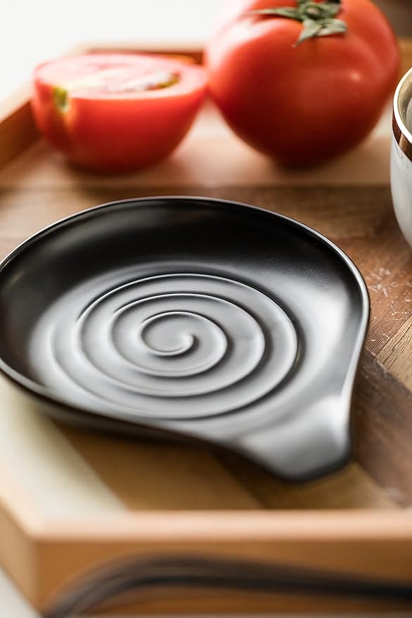 LAUCHUH Spoon Rest for Stove Top, 5 inch Large Cooking Spoon Holder for Kitchen Countertop Ceramic Ladle Holder for Spatula, Tong, Heat-Resistant, Farmhouse Kitchen Decor for Mother‘s Day, Black