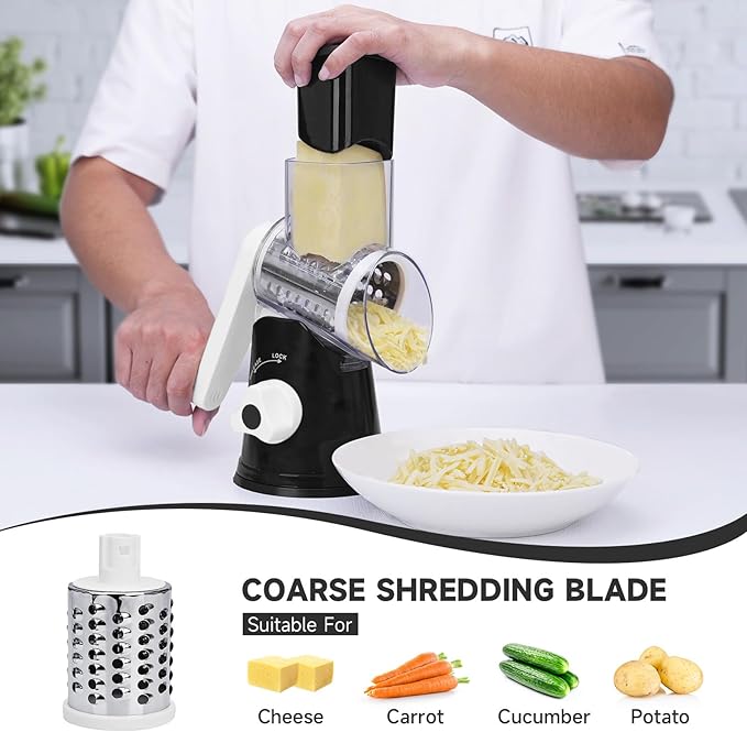 Rotary Cheese Grater with Handle, Kitchen Mandoline Vegetable Slicer with 3 Interchangeable Blades & Strong Suction Base, Easy to Clean Grater for Vegetables, Fruit, Nuts, Black - Image 2